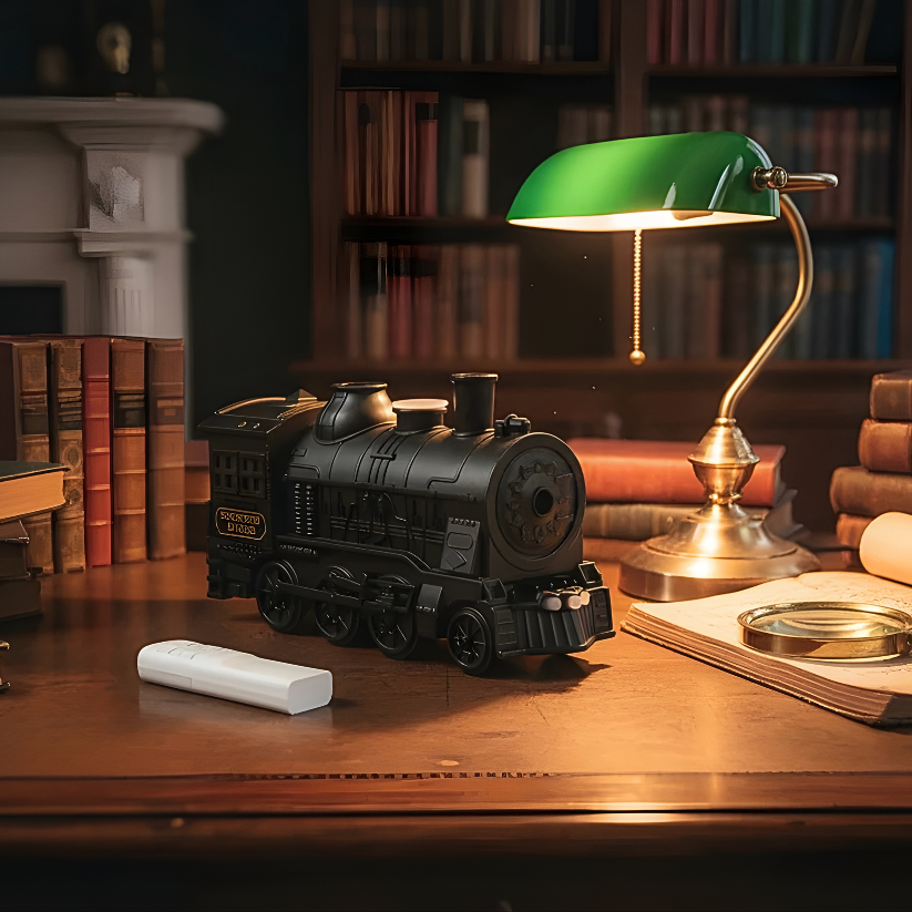 Model train on a wooden desk with a green lamp and books in the background