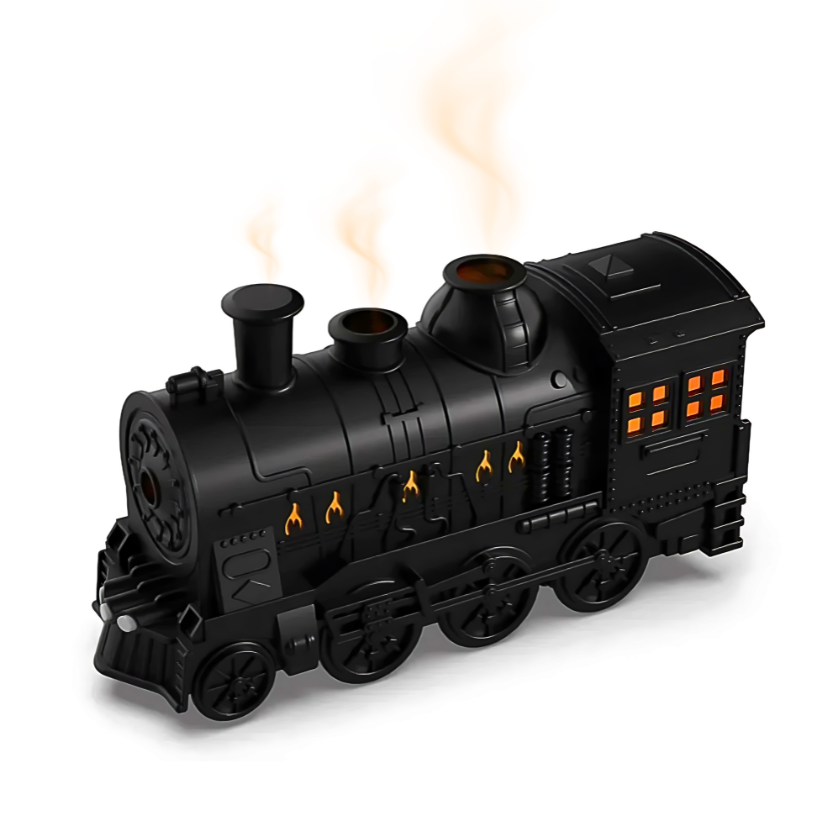 Black toy train with flame effects on a white background