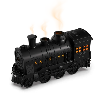 Black toy train with flame effects on a white background