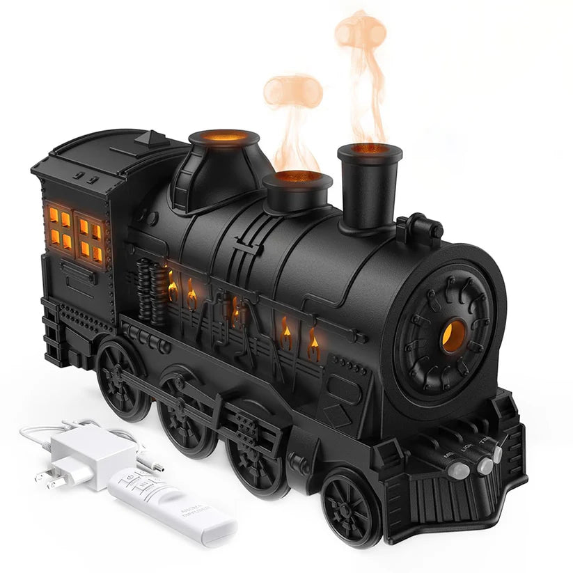 Black toy train engine with smoke and light effects on a white background